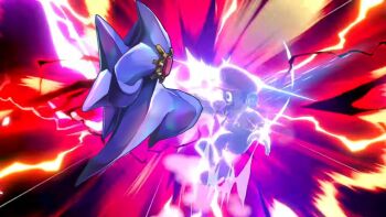 1boy 1other alternate_color artist_request bloodshot_eyes clenched_hands colored_skin electricity facial_hair fake_screenshot fighting gen_1_pokemon highres jumping mario mario_(series) mega_starmie mustache nintendo open_mouth pokemon pokemon_(creature) pun simple_background starmie super_smash_bros. violence
