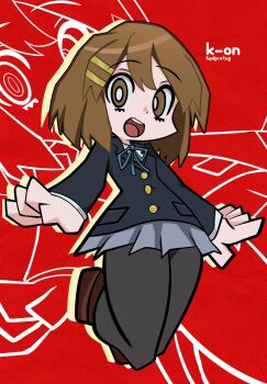 Rule 34 | 1girl, absurdres, blazer, blue ribbon, brown eyes, brown hair, brown shoes, chibi, chibi only, hair ornament, hairclip, hashtag-only commentary, hedprotag, highres, hirasawa yui, jacket, jumping, k-on!, layered sleeves, legs up, looking at viewer, neck ribbon, open mouth, parallel hairclips, pleated skirt, red background, ribbon, school uniform, shoes, skirt, solo, teeth, upper teeth only, zoom layer