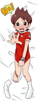 amano_keita barefoot bed blush bottomless brown_hair censored covering_crotch covering_privates dakimakura_(medium) embarrassed feet legs level-5 lying male_focus nervous no_pants no_underwear on_bed pov red_shirt shirt shota socks sweat sweatdrop toenails toes watch white_socks youkai_watch