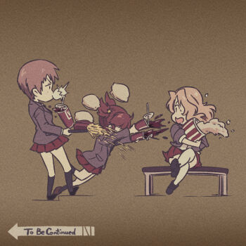 3girls alisa_(girls_und_panzer) black_shoes black_socks blazer blonde_hair brown_background brown_hair brown_shoes burger chewing_gum commentary_request drink ehirorotoon english_text food french_fries girls_und_panzer highres holding holding_drink holding_tray jacket kay_(girls_und_panzer) multiple_girls naomi_(girls_und_panzer) necktie open_mouth popcorn saunders_school_uniform school_uniform shoes simple_background skirt socks soda to_be_continued tray tripping twintails