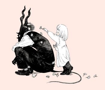 1boy 1girl black_fur body_fur boots child dress flower full_body furry furry_male greyscale_with_colored_background hair_flower hair_ornament holding holding_flower horns long_hair looking_at_another nagabe pink_background sensei_(totsukuni_no_shoujo) shiva_(totsukuni_no_shoujo) simple_background sitting tail totsukuni_no_shoujo vest