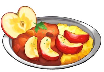 apple apple_slice artist_request curry curry_rice food food_focus fruit game_cg garnish herb nintendo no_humans official_art plate pokemon pokemon_swsh rice third-party_source transparent_background
