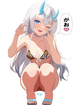 1girl :d animal_print bare_arms bare_legs bare_shoulders bikini blue_eyes blue_horns blue_nails blue_toenails braid breasts claw_pose collarbone eyelashes flip-flops flipped_hair front-tie_bikini_top front-tie_top full_body gao hair_between_eyes hair_between_horns hair_ornament hairclip hands_up head_tilt heart highres horns indie_virtual_youtuber light_blush long_hair looking_at_viewer minmin8 mole mole_under_eye nagino_mashiro nail_polish navel one_eye_closed open_mouth print_bikini sandals simple_background small_breasts smile solo speech_bubble squatting string_bikini swimsuit tiger_print tiger_print_bikini toenail_polish toenails very_long_hair virtual_youtuber white_background white_hair x_hair_ornament