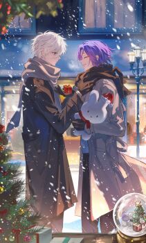 2boys absurdres black_gloves blnag_peapond blue_lock christmas_ornaments christmas_tree closed_eyes closed_mouth commentary_request gift gloves highres holding holding_gift holding_stuffed_toy lantern looking_at_another mikage_reo multiple_boys nagi_seishirou smile snow snow_globe snowing stuffed_animal stuffed_toy teeth tree