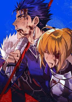 1boy 1girl ahoge armor artoria_pendragon_(fate) blonde_hair blood blood_from_mouth blood_on_face blood_on_hands blue_background blue_bodysuit blue_hair bodysuit breastplate carrying carrying_person closed_eyes cu_chulainn_(fate) cu_chulainn_(fate/stay_night) cu_chulainn_(lancer)_(fate) dress earrings fangs fate/stay_night fate_(series) flower_knot fur_trim gae_bolg_(fate) gauntlets hair_between_eyes hair_bun hair_ornament helping holding_another's_wrist injury jewelry juliet_sleeves long_hair long_sleeves looking_to_the_side low_ponytail nosebleed open_mouth polearm ponytail puffy_sleeves purple_dress red_eyes saber_(fate) short_hair sidelocks simple_background span_(shibanyu63868) spear spiked_hair tassel teeth tongue upper_body weapon white_armor