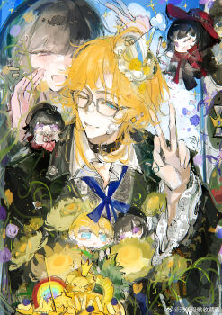 Rule 34 | 11211t, 1boy, 1girl, :d, ;d, absurdres, aqua eyes, belt collar, beret, bespectacled, birthday cake, black-framed eyewear, black collar, black hair, black hat, black jacket, blonde hair, blue ribbon, blunt bangs, bouquet, cake, character doll, chibi, chinese commentary, cloud, collar, collared shirt, cream, cream on face, curtained hair, day, doll, doll on shoulder, falling flower, flower, food, food on face, glasses, hair between eyes, hand to own mouth, hat, heroine (lovebrush chronicles), highres, holding, holding bouquet, jacket, lapels, lars rorschach, lion, long hair, long sleeves, looking at another, looking to the side, lovebrush chronicles, mini party hat, neck ribbon, notched lapels, one eye closed, open mouth, parted lips, pen, plant, purple eyes, purple flower, rainbow, red hat, ribbon, shirt, short hair, smile, sunflower, upper body, v, vines, w, watermark, weibo watermark, white shirt, wolf cut, yellow flower