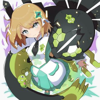 1girl ascot commentary_request dress gen_6_pokemon green_footwear grey_eyes highres kamiya_(fsck3847) legendary_pokemon light_brown_hair long_sleeves looking_at_viewer nintendo official_alternate_costume pokemon pokemon_(creature) pokemon_masters_ex serena_(pokemon) serena_(sygna_suit)_(pokemon) short_hair white_dress zygarde zygarde_(50%) zygarde_cell zygarde_core