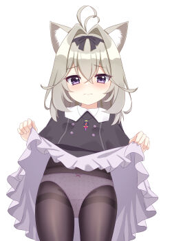 1girl absurdres animal_ears antenna_hair black_dress blush bow bow_panties cat_ears closed_mouth clothes_lift cool_squid398 dress dress_lift frilled_dress frills frown hair_intakes highres jewelry kemonomimi_mode lifting_own_clothes loli looking_at_viewer medium_hair meitantei_precure! moria_luluka necklace panties panties_under_pantyhose pantyhose polka_dot polka_dot_panties precure purple_eyes simple_background solo standing thighband_pantyhose underwear white_background