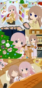 2girls absurdres bang_dream! bang_dream!_it's_mygo!!!!! black_skirt blue_eyes brown_hair cake cake_slice chihaya_anon christmas_ornaments christmas_tree closed_eyes coat commentary cookie cuddling cup food grey_eyes highres holding_hands kaname_raana kino_(kino01xyz) kitchen licking_lips long_hair multiple_girls mygo!!!!!_(bang_dream!) nagasaki_soyo on_floor open_mouth oven pink_hair pleated_skirt shiina_taki shopping skirt sleeping smile stuffed_animal stuffed_toy supermarket takamatsu_tomori teddy_bear tongue tongue_out turkey_(food) under_covers yellow_coat yuri