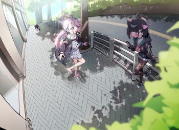 Rule 34 | 3girls, absurdres, against railing, animal ears, backpack, bag, beads, black hair, bloom, blue archive, blue hair, blush, building, cat ears, cellphone, collar, colored inner hair, faceplant, fang, fisheye, glass door, gloves, hair beads, hair ornament, hair tie, hairpin, halo, high heels, highres, hood, hoodie, jacket, kazusa (blue archive), leaf, low twintails, motion lines, multicolored hair, multiple girls, pantyhose, phone, pink streaks, pleated skirt, ponytail, railing, red eyes, reisa (blue archive), road, running, school uniform, shadow, shirt under hoodie, shoes, short hair, sidewalk, skirt, smartphone, smile, sneakers, street, sukeban (smg) (blue archive), teeth, tree, tripping, twintails, two-tone hair, upper teeth only, whonyang