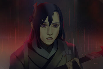 1girl black_gloves black_kimono bow commentary fingerless_gloves flower genshin_impact gloves gold_ring hair_between_eyes hair_flower hair_ornament hand_up headpiece holding holding_sword holding_weapon japanese_clothes katana kimono lips long_hair looking_ahead night outdoors purple_eyes purple_flower purple_hair raiden_shogun rain solo suqling sword symbol-only_commentary teeth upper_body weapon white_bow