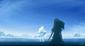 1girl black_hair blue_vest bottle cloud commentary_request cumulonimbus_cloud day from_behind hand_on_wall highres long_hair mountainous_horizon nengoro ocean on_wall original outdoors ramune scenery school_uniform shirt short_sleeves signature sitting sitting_on_wall skirt sky solo vest white_shirt wide_shot