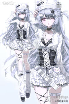 1girl absurdres animal_hat bear_hair_ornament belt black_camisole black_choker bone_hair_ornament bow breasts camisole cardigan cat_hat choker cleavage commission fashion frilled_skirt frills gradient_background grey_hair hair_bobbles hair_ornament hat highres lace lace_choker leg_warmers long_hair medium_breasts mihuashi_commission one_eye_closed one_side_up original pink_eyes polka_dot si_bi_kuai_hua_a simple_background skirt solo_focus standing star_(symbol) star_hair_ornament thigh_strap too_many_watermarks very_long_hair watermark white_belt white_bow white_cardigan white_hat white_leg_warmers white_skirt wishcore yabi_fashion zoom_layer