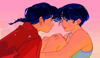 1boy 1girl bandaid bandaid_on_face bandaid_on_nose bare_shoulders black_hair blue_camisole braid camisole clickuu furrowed_brow hair_between_eyes highres hugging_own_legs looking_at_another parted_bangs pink_background ranma_1/2 red_shirt saotome_ranma shirt short_hair short_hair_with_long_locks single_braid tears tendou_akane