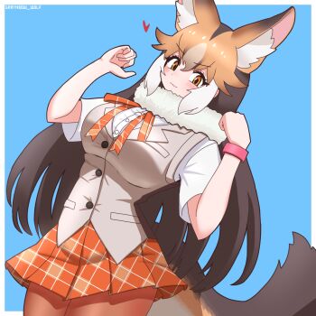 Rule 34 | 1girl, animal ears, artist name, blue background, blush, bracelet, breasts, brown hair, brown thighhighs, clenched hands, commentary request, culpeo (kemono friends), extra ears, fox ears, fox girl, fox tail, fur collar, heart, highres, jewelry, kemono friends, kemono friends 3, large breasts, layered sleeves, long hair, long sleeves, looking at viewer, neck ribbon, nijiiro (graynbow wolf), orange eyes, orange ribbon, pantyhose, plaid clothes, plaid ribbon, plaid skirt, pleated skirt, ribbon, short over long sleeves, short sleeves, simple background, skirt, solo, tail, thighhighs, two-tone background