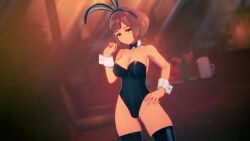 1girl 3d akairasaki animal_ears animated anna_anon bare_hips bare_shoulders blue_bow blue_bowtie blue_leotard blue_thighhighs blurry blurry_background bow bowtie breasts brown_eyes brown_hair closed_mouth collar cowboy_shot detached_collar ela_amano_(anna_anon) embarrassed expressionless eyebrows fake_animal_ears female_focus hand_up hands_on_own_hips highres indoors interior koikatsu_(medium) large_breasts leotard looking_afar looking_at_viewer looking_to_the_side matching_hair/eyes medium_hair open_mouth original parted_lips playboy_bunny rabbit_ears smile solo sound standing strapless strapless_leotard surprised tagme thighhighs third-party_edit video white_collar white_wrist_cuffs wrist_cuffs