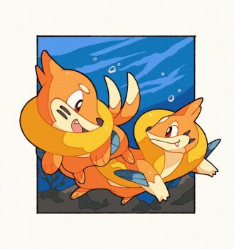 air_bubble brown_eyes bubble buizel closed_mouth evolutionary_line eye_contact fang fang_out floatzel gen_4_pokemon looking_at_another nintendo no_humans open_mouth panmimi pokemon pokemon_(creature) smile toes tongue underwater