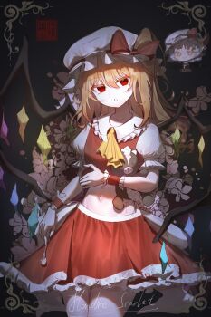 1girl absurdres ascot black_background blonde_hair bow character_name chibi chibi_inset collarbone cropped_shirt cropped_vest crystal_wings cursive expressionless flandre_scarlet frilled_cuffs frilled_hat frilled_shirt_collar frilled_sleeves frills hair_between_eyes hat hat_bow hat_ribbon highres holding holding_stuffed_toy long_hair mob_cap parted_lips puffy_short_sleeves puffy_sleeves red_bow red_eyes red_ribbon red_skirt red_vest renke_(user_mphs8248) ribbon seal_impression shirt short_sleeves simple_background skirt solo stuffed_animal stuffed_toy teddy_bear touhou vest white_hat white_shirt wings wrist_cuffs yellow_ascot