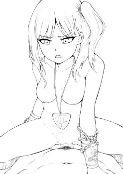 1boy 1girl absurdres bracer breasts censored chain groin hair_tie hetero highres jewelry magi_the_labyrinth_of_magic male_pubic_hair medium_breasts medium_hair monochrome morgiana mosaic_censoring necklace nipples nude parted_lips pov pov_crotch pubic_hair sex side_ponytail solo_focus spread_legs thighs tokai vaginal