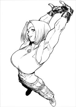 1girl abs armpits blue_mary blush breasts cargo_pants cessa crop_top fingerless_gloves gloves highres large_breasts looking_at_viewer muscular muscular_female pants short_hair smile solo star_(symbol) stretching tank_top the_king_of_fighters white_background