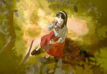 black_hair blue_eyes bow grass hairband happy highres leaf leaves long_hair looking_at_leaf outdoors peaceful_smile ribbon shirt shoes skirt smile sun sunlight tohno_akiha tree tsukihime white_hairband