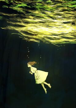1girl aaaoka air_bubble barefoot brown_hair bubble dark dress feet from_side highres light_rays original profile short_sleeves solo swimming underwater white_dress