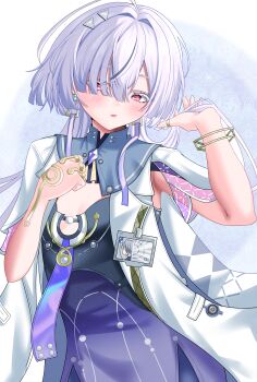 Rule 34 | 1girl, absurdres, breasts, colored eyelashes, commentary, dress, earrings, grey hair, hair intakes, hair ornament, hair over one eye, hand up, highres, id card, jacket, jewelry, kureto0130, light blush, long hair, looking at viewer, mornye (wuthering waves), parted lips, purple dress, red eyes, small breasts, solo, triangle earrings, upper body, white jacket, wuthering waves