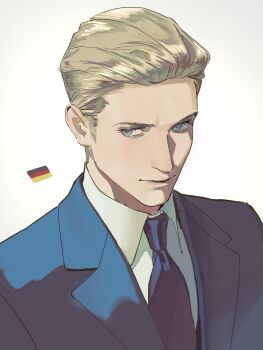 1boy axis_powers_hetalia black_necktie blonde_hair blue_eyes blue_jacket closed_mouth collared_shirt commentary english_commentary formal_clothes german_flag germany_(hetalia) highres jacket lapels lips looking_at_viewer male_focus necktie shirt short_hair simple_background smile solo suit suit_jacket upper_body white_background white_shirt zhongerweiyuan