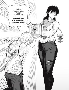 1boy 1girl arrow_(symbol) begging blush chainsaw_devil chainsaw_man character_print crossed_arms denji_(chainsaw_man) greyscale highres kneeling low_twintails medium_hair mitaka_asa monochrome monster_high pants scarf short_hair spanish_text sweat sweater tank_top torn_clothes torn_pants translated twintails victorbalgitt