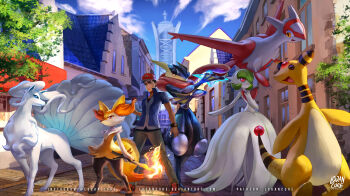 1boy absurdres alolan_form alolan_ninetales ampharos ash_ketchum ash_ketchum_(cosplay) blue_eyes blue_shirt blue_sky braixen city cloud colored_skin commission cosplay dress elbow_gloves fire forehead_jewel gardevoir gen_2_pokemon gen_3_pokemon gen_6_pokemon gen_7_pokemon gloves greninja hair_over_one_eye highres latias legendary_pokemon logan_cure lumiose_city mega_gardevoir mega_pokemon mega_stone nintendo open_mouth original pants pokemon pokemon_(creature) pokemon_xy shirt shuriken signature sky smile stick strapless strapless_dress weapon white_gloves white_skin yellow_eyes