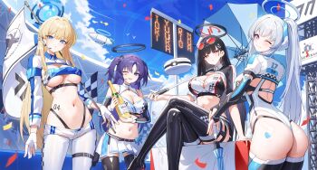 4girls absurdres aircraft ass back black_gloves black_hair black_halo black_shrug black_thighhighs blonde_hair blue_archive blue_eyes blue_halo blue_shrug blue_sky bottle breasts champagne_bottle character_name checkered_clothes checkered_flag cleavage cleavage_cutout closed_mouth clothing_cutout cloud collared_shrug commentary_request confetti crop_top dirigible earpiece elbow_gloves esseppd eyewear_on_head fingerless_gloves flag gloves hair_ornament halo head_tilt headgear highleg highleg_panties highres holding holding_bottle holding_umbrella large_breasts leotard long_hair long_sleeves looking_at_viewer looking_back micro_shorts microphone midriff millennium_science_school_logo multicolored_halo multicolored_shrug multiple_girls navel noa_(blue_archive) non-humanoid_robot one_eye_closed open_mouth outdoors panties parted_lips pleated_skirt podium ponytail purple_eyes race_flag race_queen red_eyes rio_(blue_archive) robot shorts shrug_(clothing) sidelocks sitting skirt sky smile stadium standing stomach thigh_strap thighhighs thighs toki_(blue_archive) triangle_hair_ornament turning_head two-tone_shrug two_side_up umbrella underboob underwear very_long_hair white_gloves white_hair white_halo white_shorts white_shrug white_skirt white_thighhighs yuuka_(blue_archive)