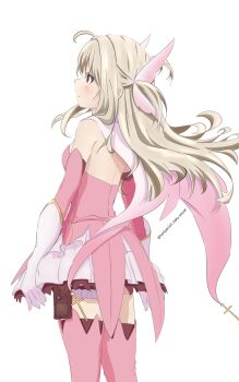1girl blonde_hair blush breasts detached_sleeves fate/kaleid_liner_prisma_illya fate_(series) gloves hair_tie heripai highres illyasviel_von_einzbern long_hair magical_girl pink_sleeves pink_thighhighs pink_wings prisma_illya red_eyes skirt small_breasts solo thighhighs white_background white_gloves white_skirt wings