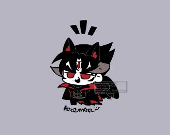 1boy :3 animal_ears cat_ears chibi chibi_only commentary devil_jin facial_mark fang forehead_mark full_body grey_background horns kazama_jin kotorai male_focus no_nose open_mouth red_eyes signature simple_background solo symbol-only_commentary tekken thick_eyebrows v-shaped_eyebrows wings