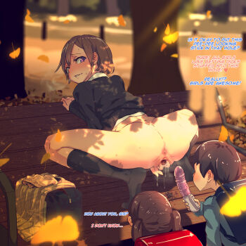 1boy 2girls age_difference anus arm_support ass autumn_leaves backpack bag bench black_socks black_sweater blurry blush bottomless breath brown_hair day depth_of_field dildo dripping duffel_bag exhibitionism falling_leaves feet female_pervert from_behind full_body gaping gaping_pussy ginkgo_leaf ginkgo_tree grey_skirt hard-translated heart highres humiliation imminent_penetration imminent_vaginal kneehighs leaf leaning_forward light_rays lip_biting loli long_sleeves looking_back md5_mismatch multiple_girls no_shoes nude original outdoors panties park park_bench pervert presenting public_indecency public_use purple_eyes pussy pussy_juice pussy_juice_trail randoseru school_uniform sex_toy short_hair short_twintails shota skirt socks spread_legs spread_pussy squatting steam sunbeam sunlight sweat sweater third-party_edit translated tree twintails uncensored underwear unworn_panties unworn_skirt unzipped vibrator white_panties yamada_(gotyui) zipper