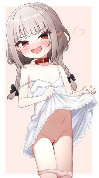 1girl bar_censor bare_shoulders blush braid censored collar dress fang flat_chest grey_hair heart highres huucha_(cpaf5377) lifting_own_clothes loli long_hair looking_at_viewer makaino_ririmu makaino_ririmu_(3rd_costume) navel nijisanji open_mouth panties panty_pull pink_panties pussy red_collar red_eyes smile solo strap_slip twin_braids underwear virtual_youtuber white_dress