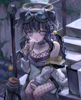 1girl absurdres animal_ears black_hair blue_archive blue_eyes blush breasts collar dog_ears dog_girl engineering_department_(blue_archive) goggles goggles_on_head hibiki_(blue_archive) highres jiyuneva long_hair looking_at_viewer solo