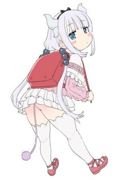 1girl ass backpack bag beads blue_eyes blush_stickers dragon_girl dragon_horns expressionless full_body grey_hair hair_beads hair_ornament horns kanna_kamui kobayashi-san_chi_no_maidragon looking_at_viewer low_twintails qopqop skirt solo tail twintails