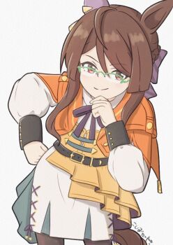 Rule 34 | animal ears, belt, black belt, black pantyhose, breasts, brown hair, capelet, closed mouth, commentary request, corset, dress, ear covers, glasses, green-framed eyewear, highres, horse ears, horse girl, horse tail, koshiba taiyaki, long hair, long sleeves, looking at viewer, orange capelet, over-rim eyewear, pantyhose, royce and royce (umamusume), semi-rimless eyewear, simple background, single ear cover, skirt, smile, tail, umamusume, white background, white dress, yellow corset