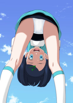 Rule 34 | :d, ass, black hair, black skirt, blue eyes, blue hair, blue jacket, cloud, colored inner hair, from behind, hair ornament, hairclip, highres, jacket, kneehighs, kneepits, liko (pokemon), looking through own legs, multicolored hair, nintendo, ogyadya, open mouth, outdoors, paid reward available, panties, pokemon, pokemon (anime), pokemon horizons, shirt, short hair, skirt, sky, smile, socks, sweat, thighs, underwear, upside-down, white panties, white shirt, white socks