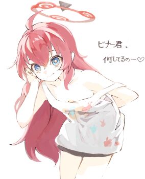 Rule 34 | 1girl, alternate costume, arm behind back, bare shoulders, bent over, bike shorts, blue archive, blue eyes, breasts, closed mouth, downblouse, dress, halo, hand on own face, konabetate, looking afar, maki (blue archive), maki (pajamas) (blue archive), paint on clothes, red hair, sleeveless, small breasts, solo, white background