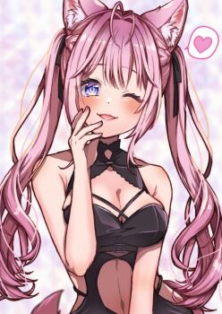 Rule 34 | 1girl, animal ear fluff, animal ears, antenna hair, black ribbon, blush, breasts, cleavage, commentary request, hair ribbon, hakui koyori, hakui koyori (dark maid), heart, heart-shaped pupils, highres, hololive, large breasts, long hair, looking at viewer, official alternate costume, one eye closed, open mouth, pink hair, purple eyes, ribbon, smile, solo, spoken heart, symbol-shaped pupils, tail, twintails, very long hair, virtual youtuber, wolf ears, wolf girl, wolf tail, yokuto