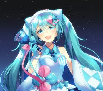 1girl absurdres aqua_eyes aqua_hair aryuma772 bell blue_gloves blue_shirt blush breasts collared_shirt detached_sleeves fur-trimmed_gloves fur-trimmed_sleeves fur_trim gloves hatsune_miku highres holding holding_bell long_hair long_sleeves looking_at_viewer magical_mirai_(vocaloid) magical_mirai_miku magical_mirai_miku_(2020_winter) medium_breasts official_alternate_costume official_alternate_hairstyle open_mouth shirt smile solo twintails very_long_hair vocaloid