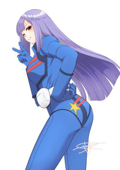 1girl blue_bodysuit blunt_bangs bodysuit closed_mouth commentary gundam gundam_zz hand_on_own_hip highres long_hair looking_at_viewer marimofa mecha_pilot_suit normal_suit_(gundam) one_eye_closed purple_hair red_eyes roux_louka smile solo star_(symbol) star_print v white_background