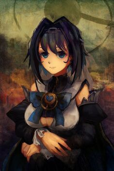 1girl absurdres black_cape black_hair black_sleeves blue_bow blue_gemstone bow breasts cape chain chain_headband closed_mouth fine_art_parody gem halo heart-shaped_gem highres hololive hololive_english large_breasts mechanical_halo miku_(mikururun) mona_lisa ouro_kronii ouro_kronii_(1st_costume) parody solo veil vest virtual_youtuber white_vest