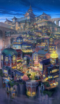 absurdly_detailed_composition absurdres arch architecture blue_sky bridge building city city_lights cliff cloud commentary_request complex_exterior concept_art dome highres night no_humans original outdoors poten scenery sky spire star_(sky) starry_sky twitter_username variant_set