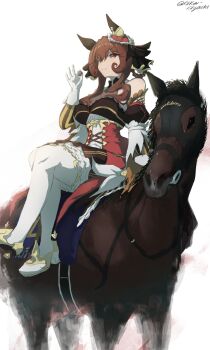 1girl absurdres animal_ears bare_shoulders braid braided_hair_rings breasts bridle brown_hair closed_mouth corset creature_and_personification detached_sleeves ear_covers ear_ornament gentildonna_(racehorse) gentildonna_(regina_dei_fiori)_(umamusume) gentildonna_(umamusume) gloves hair_between_eyes hair_ornament hair_rings heart-shaped_ornament heart_ear_ornament highres holding horse horse_ears horse_girl horse_tail horseback_riding large_breasts long_hair mask metal_ball personification real_life red_corset red_eyes riding rika-kiyoshi saddle see-through_cleavage see-through_clothes simple_background smile tail thighhighs umamusume white_background white_gloves white_thighhighs