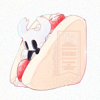 1other black_eyes bread commentary eenqn english_commentary food food_focus fruit fruit_sandwich hollow_eyes hollow_knight horns knight_(hollow_knight) other_focus strawberry watermark