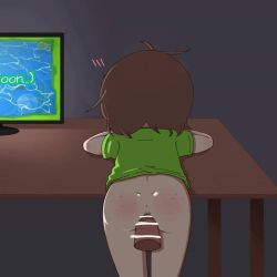 1girl ahoge animated anus ass ass_focus ass_freckles bare_legs bent_over body_freckles bottomless brown_hair censored clothed_sex computer disembodied_penis english_text freckles from_behind green_shirt grey_background hetero indie_virtual_youtuber lily_hopkins loli messy_hair mitchan monitor on_table penis red_ass sex sex_from_behind shirt short_hair simple_background standing standing_sex t-shirt table vaginal veins veiny_penis video virtual_youtuber wooden_table