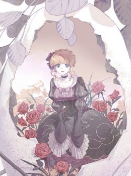 1girl beatrice_(umineko) black_choker blonde_hair blue_eyes blunt_bangs bow braid brown_dress choker crown_braid dress flower frilled_sleeves frills full_body gem grass hair_bow highres jinxiaoyimeng kneeling leaf looking_at_viewer open_mouth pale_skin pink_bow puffy_sleeves red_bow red_flower red_gemstone red_rose rose sidelocks sleeves_past_fingers sleeves_past_wrists solo striped_clothes striped_dress umineko_no_naku_koro_ni vertical-striped_clothes vertical-striped_dress wavy_sidelocks wide_sleeves