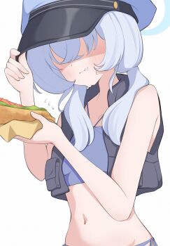1girl bikini blue_archive blue_bikini blue_halo blue_hat commentary_request food grey_hair hair_over_eyes halo hat highres holding holding_food hot_dog hot_dog_bun long_hair navel omgrhr peaked_cap police_hat simple_background solo stomach swimsuit upper_body valkyrie_police_academy_student_(sg)_(blue_archive) white_background